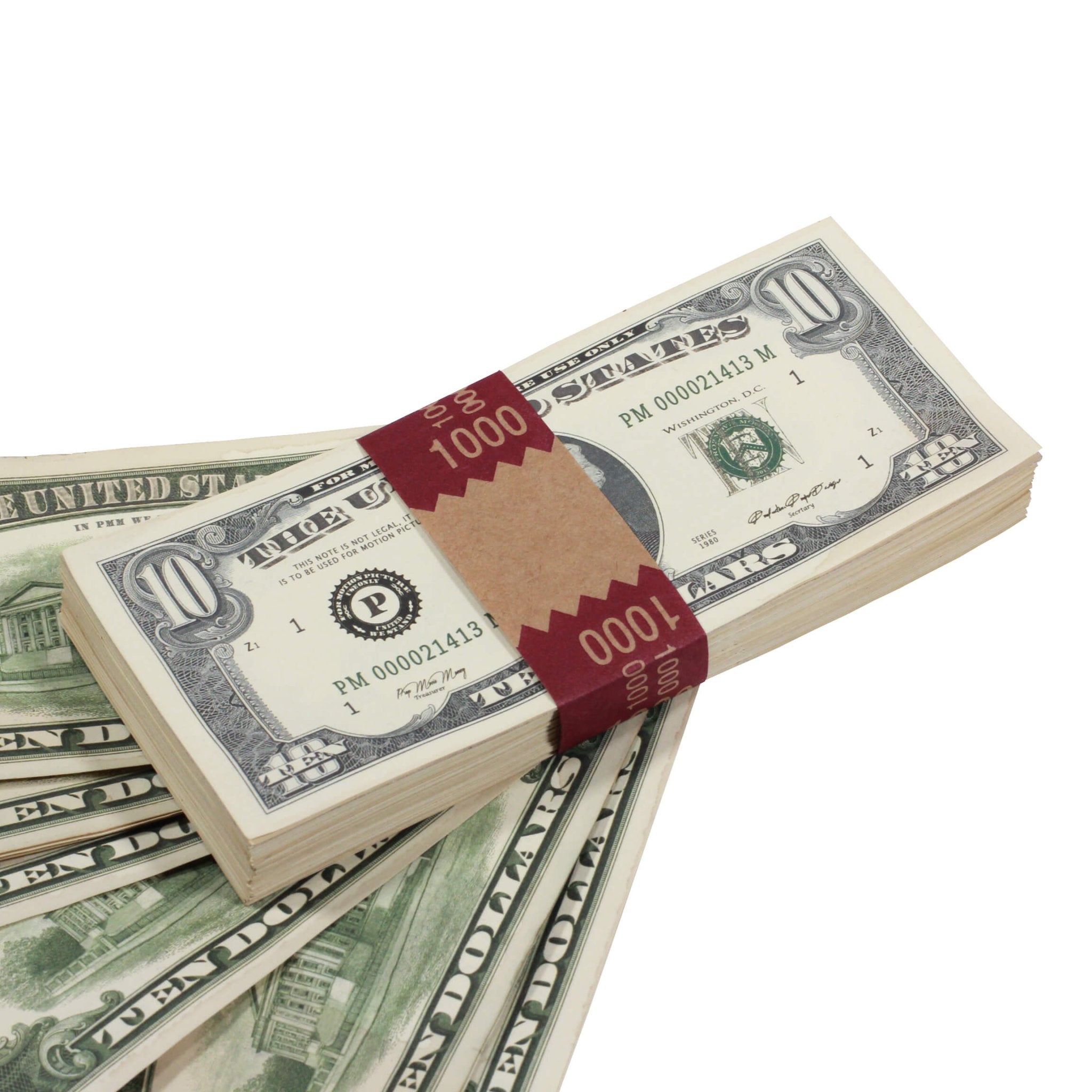 1980 Series $10 Aged $1,000 Full Print Prop Money Stack - Prop Movie Money