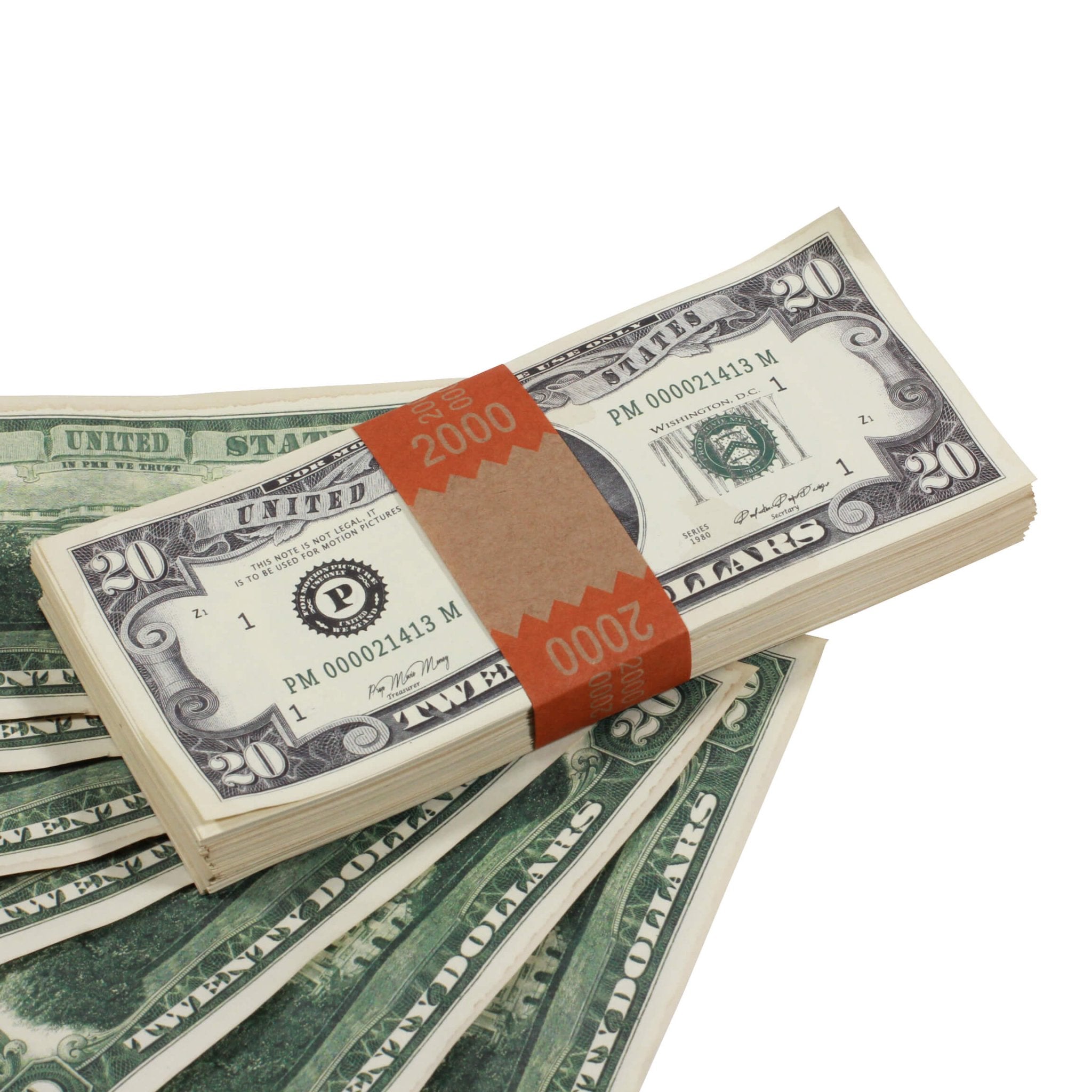 1980 Series $20 Aged $2,000 Full Print Prop Money Stack - Prop Movie Money