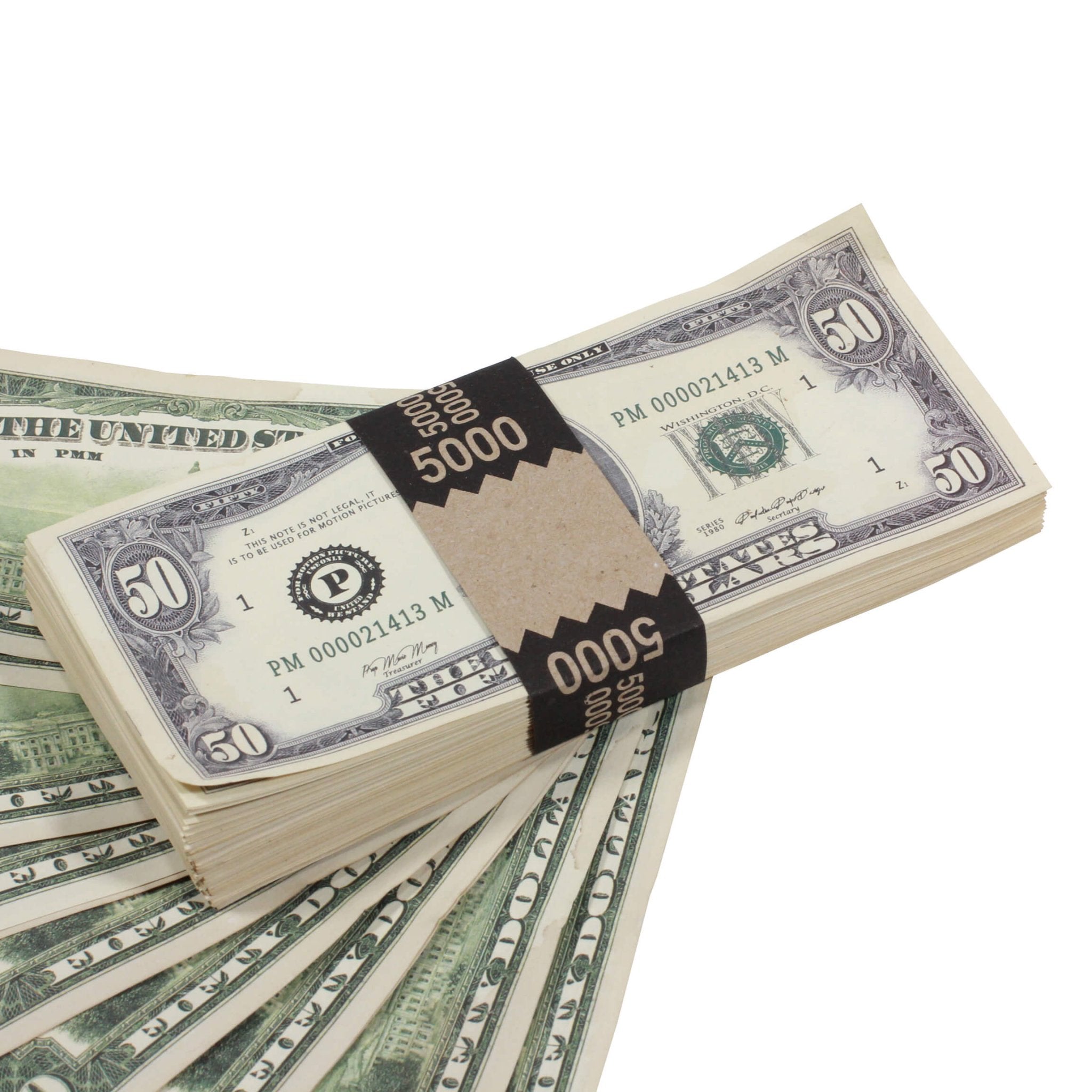 1980 Series $50s Aged $5,000 Full Print Prop Money Stack - Prop Movie Money