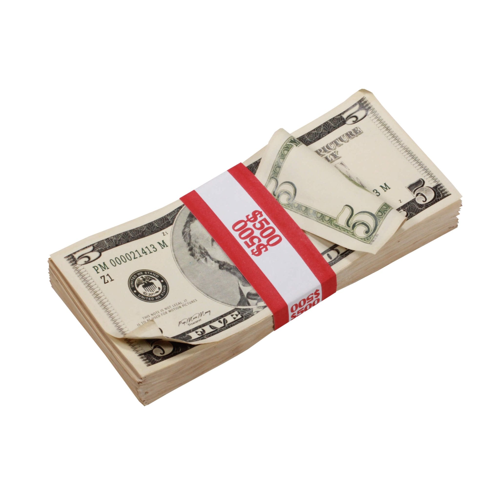 2000 Series $5 Aged $5,000 Full Print Prop Money Stack - Prop Movie Money