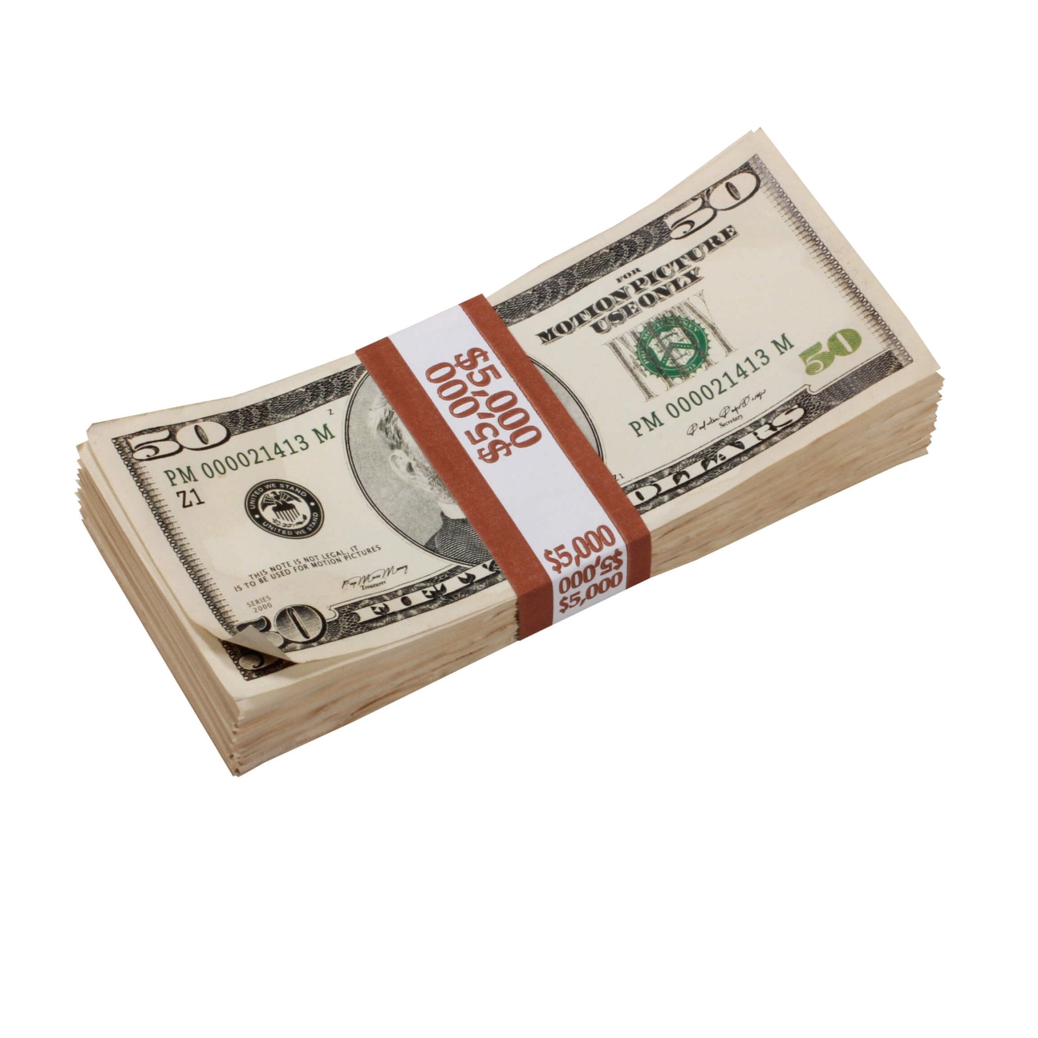 2000 Series $50 Aged $5,000 Full Print Prop Money Stack - Prop Movie Money
