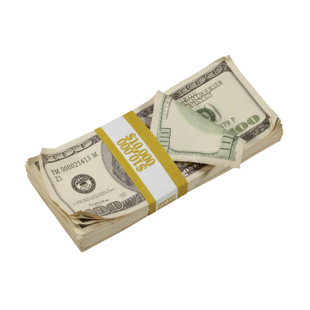 2000 Series $50,000 Aged Full Print Stacks with Money Bag - Prop Movie Money