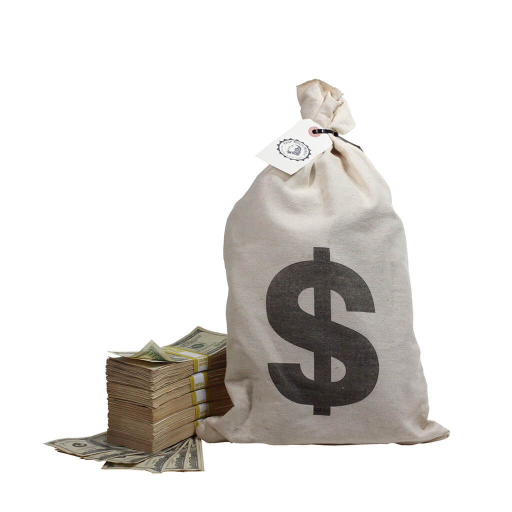 2000 Series $50,000 Aged Full Print Stacks with Money Bag - Prop Movie Money