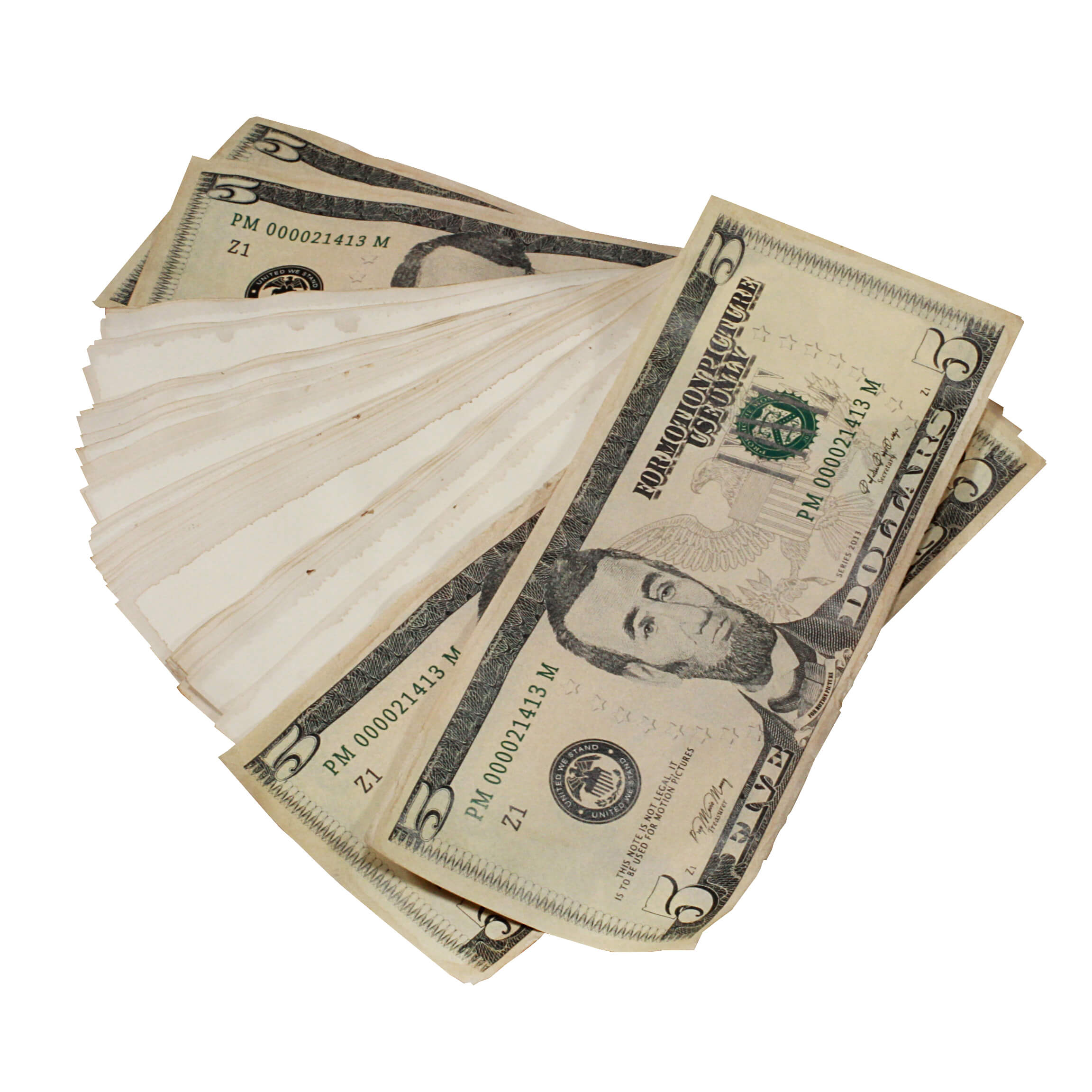 New Series $5 Aged $500 Blank Filler Fat Fold - Prop Movie Money
