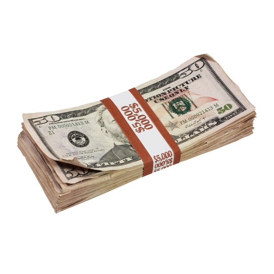 New Series $50's Aged $5,000 Full Print Prop Money Stack - Prop Movie Money