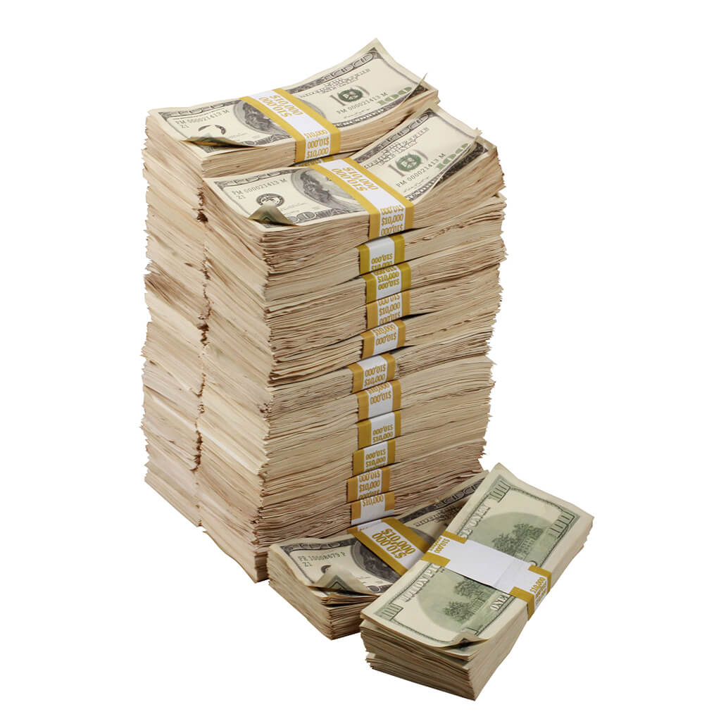 2000 Series $250,000 Aged Blank Filler Stacks with Money Bag - Prop Movie Money