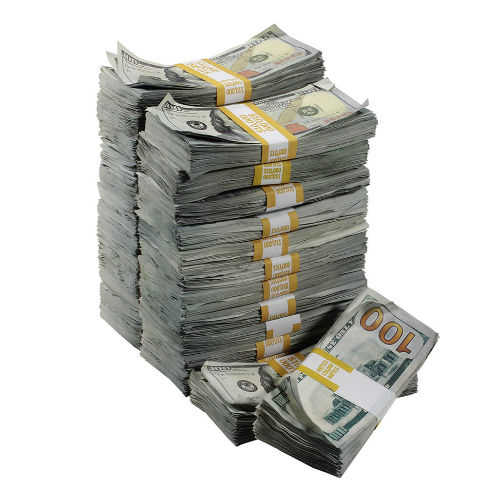 New Series $250,000 Aged Full Print Stacks with Money Bag - Prop Movie Money