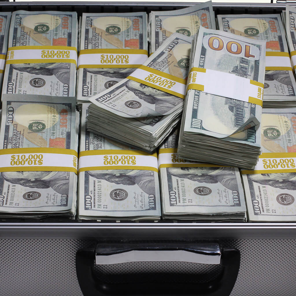 New Series $750,000 Aged Blank Filler Stacks With Silver Aluminum Case - Prop Movie Money