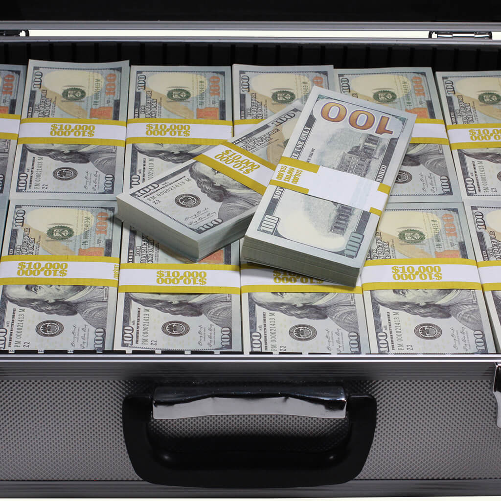 New Series $750,000 Full Print Stacks with Silver Aluminum Case - Prop Movie Money