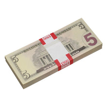Load image into Gallery viewer, New Style $5s Blank Filler $500 Prop Money Stack - Prop Movie Money