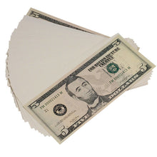 Load image into Gallery viewer, New Style $5s Blank Filler $500 Prop Money Stack - Prop Movie Money