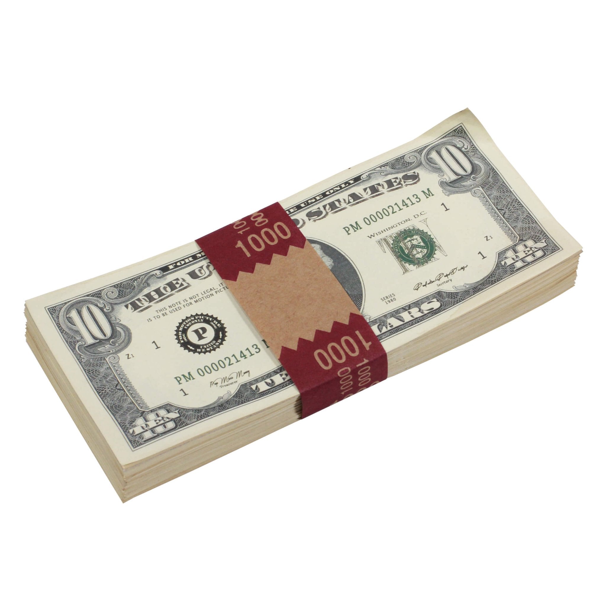 1980 Series $10 Aged $1,000 Full Print Prop Money Stack - Prop Movie Money