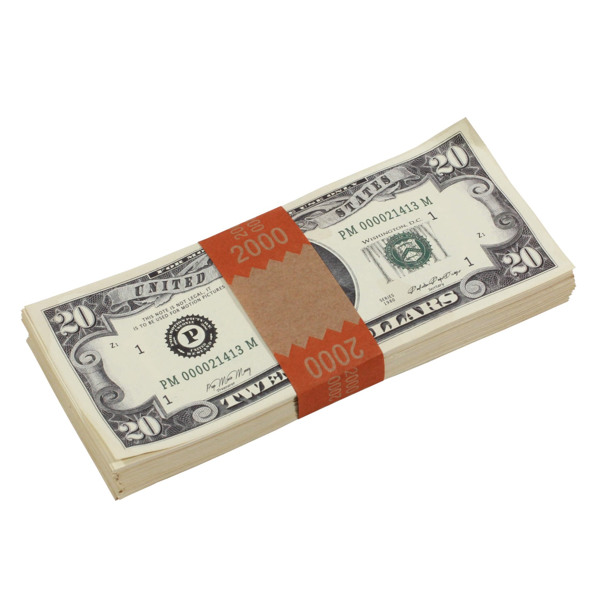 1980 Series $20 Aged $2,000 Full Print Prop Money Stack - Prop Movie Money