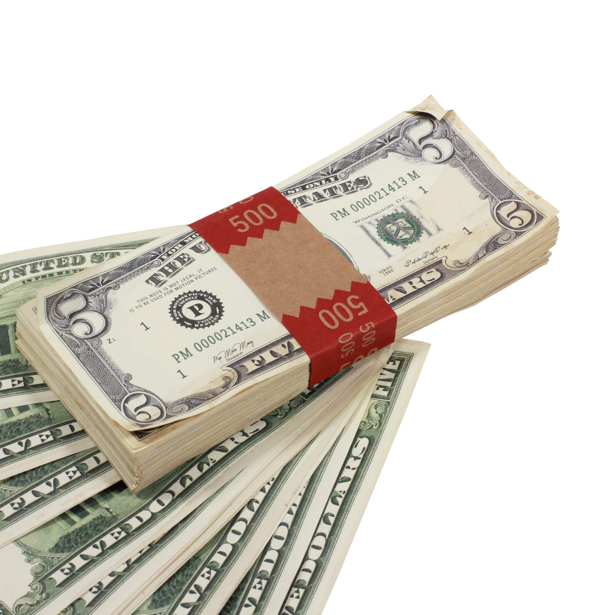 1980 Series $5 Aged $500 Full Print Prop Money Stack - Prop Movie Money