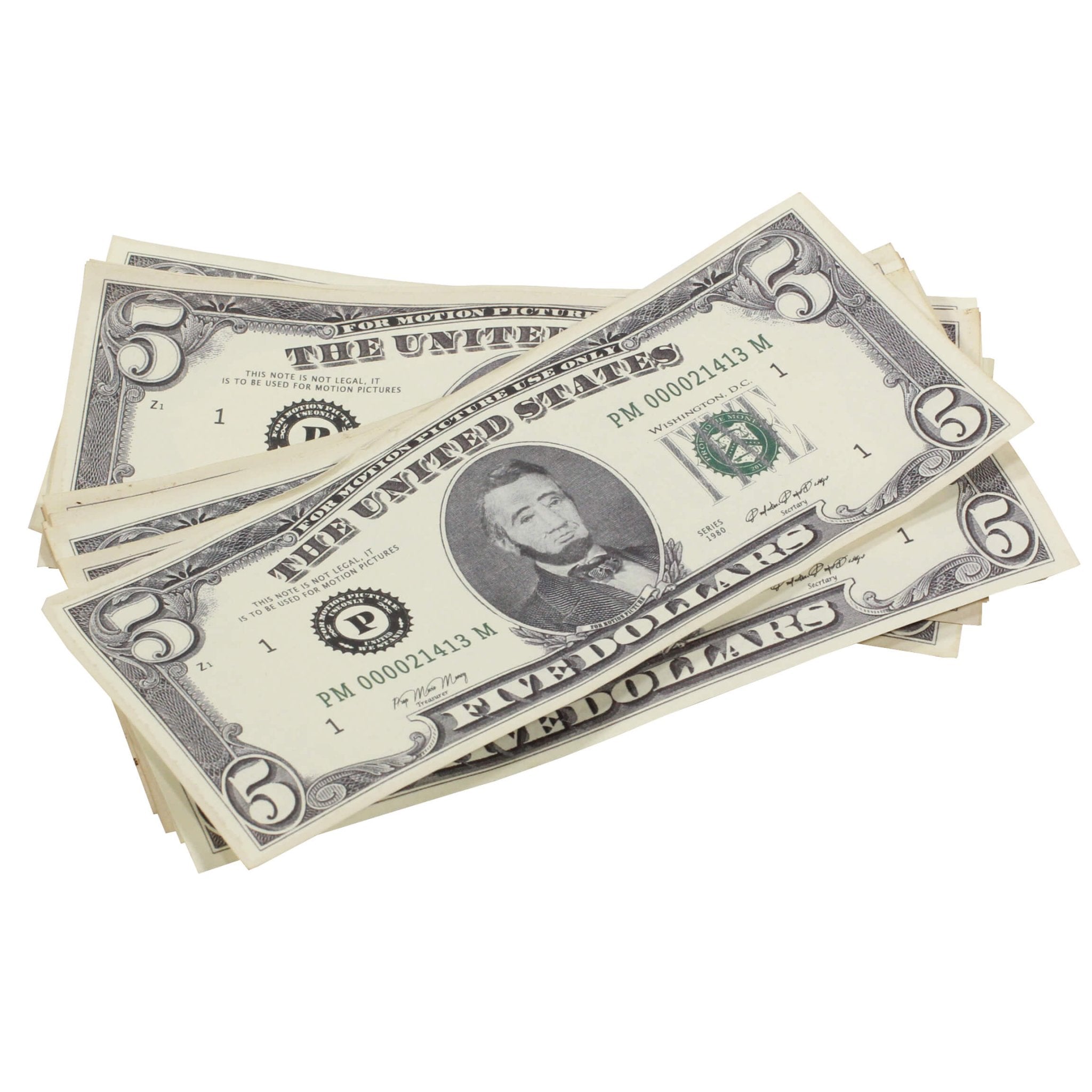 1980 Series $5 Aged $500 Full Print Prop Money Stack - Prop Movie Money