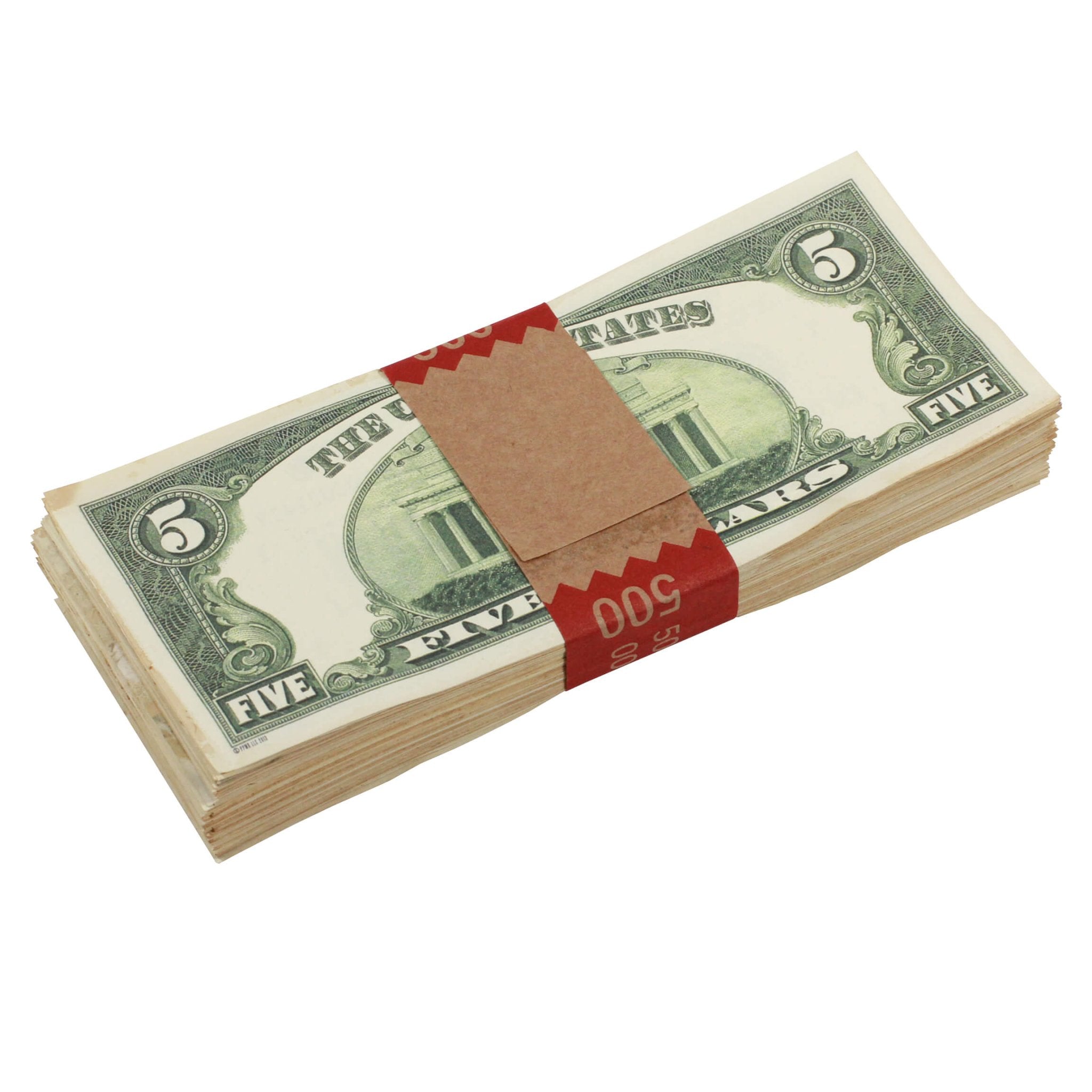 1980 Series $5 Aged $500 Full Print Prop Money Stack - Prop Movie Money