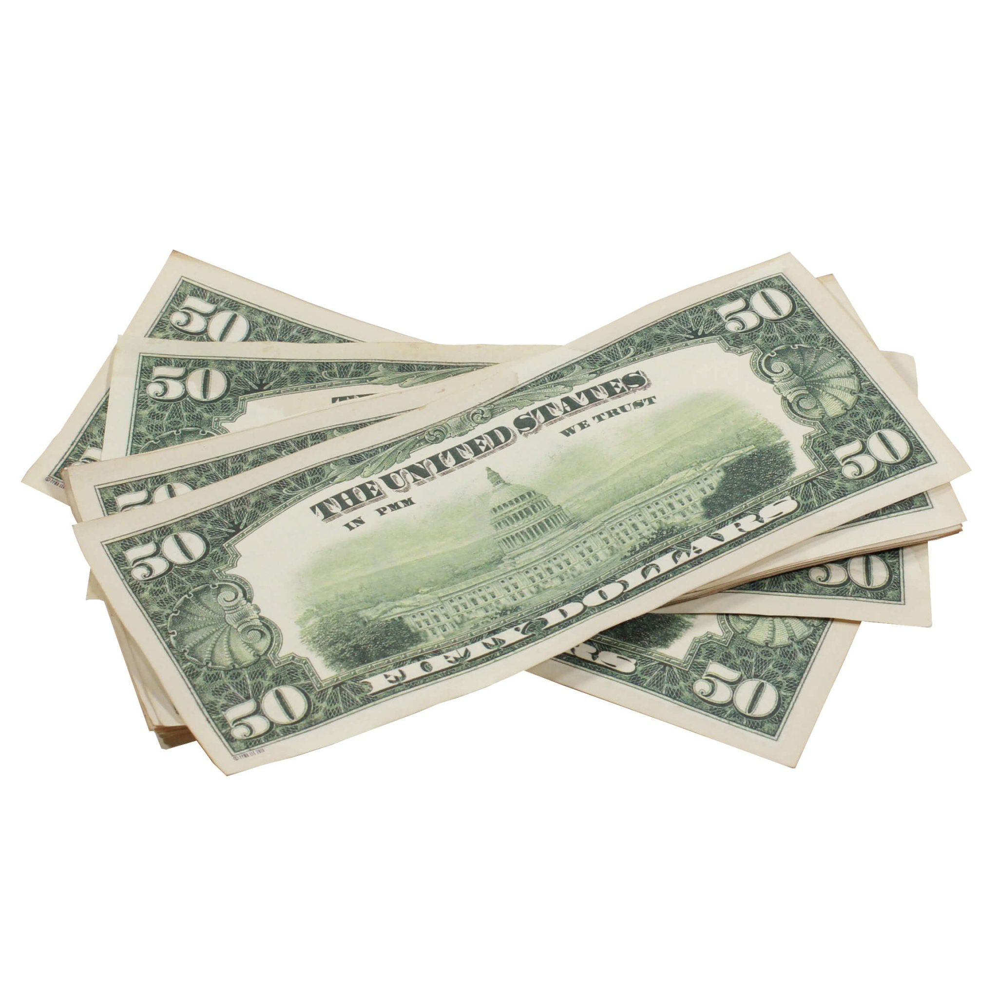 1980 Series $50s Aged $5,000 Full Print Prop Money Stack - Prop Movie Money