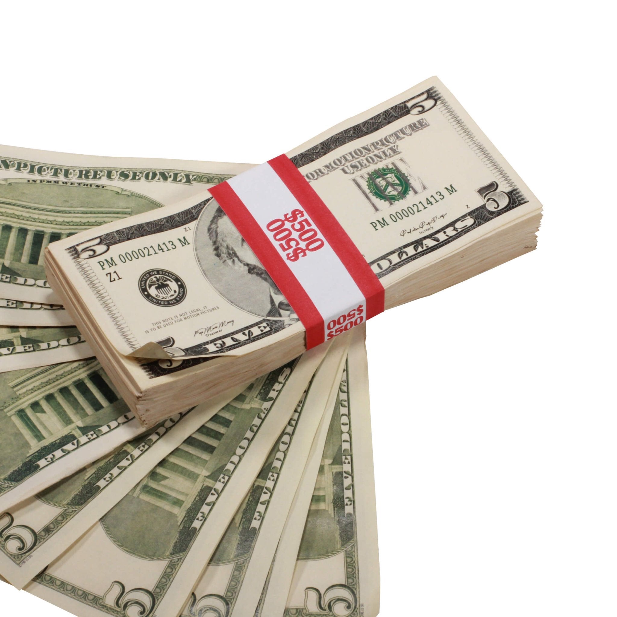 2000 Series $5 Aged $5,000 Full Print Prop Money Stack - Prop Movie Money