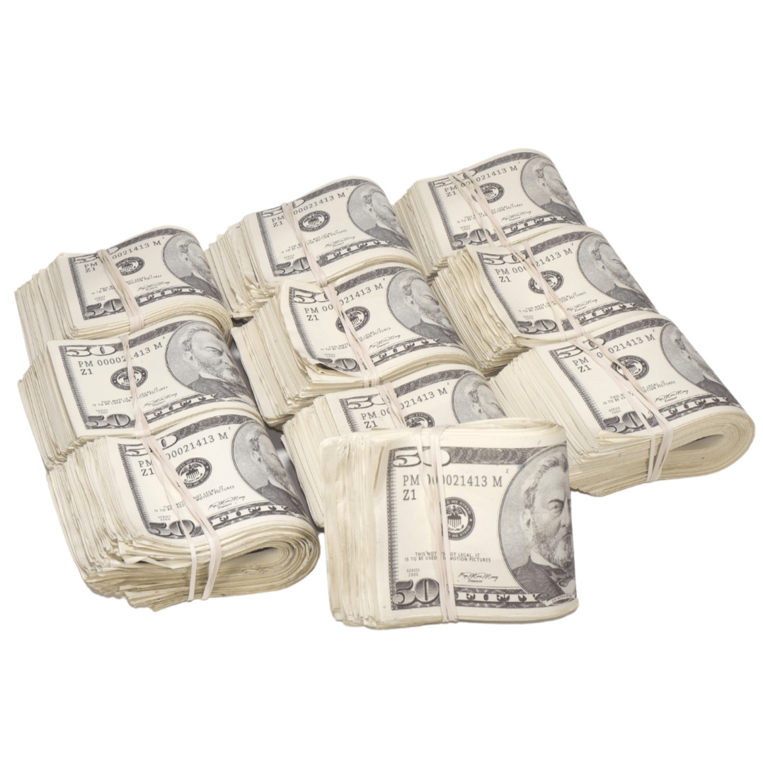 2000 Series $50,000 Aged Full Print Fold Prop Money Bundle - Prop Movie Money