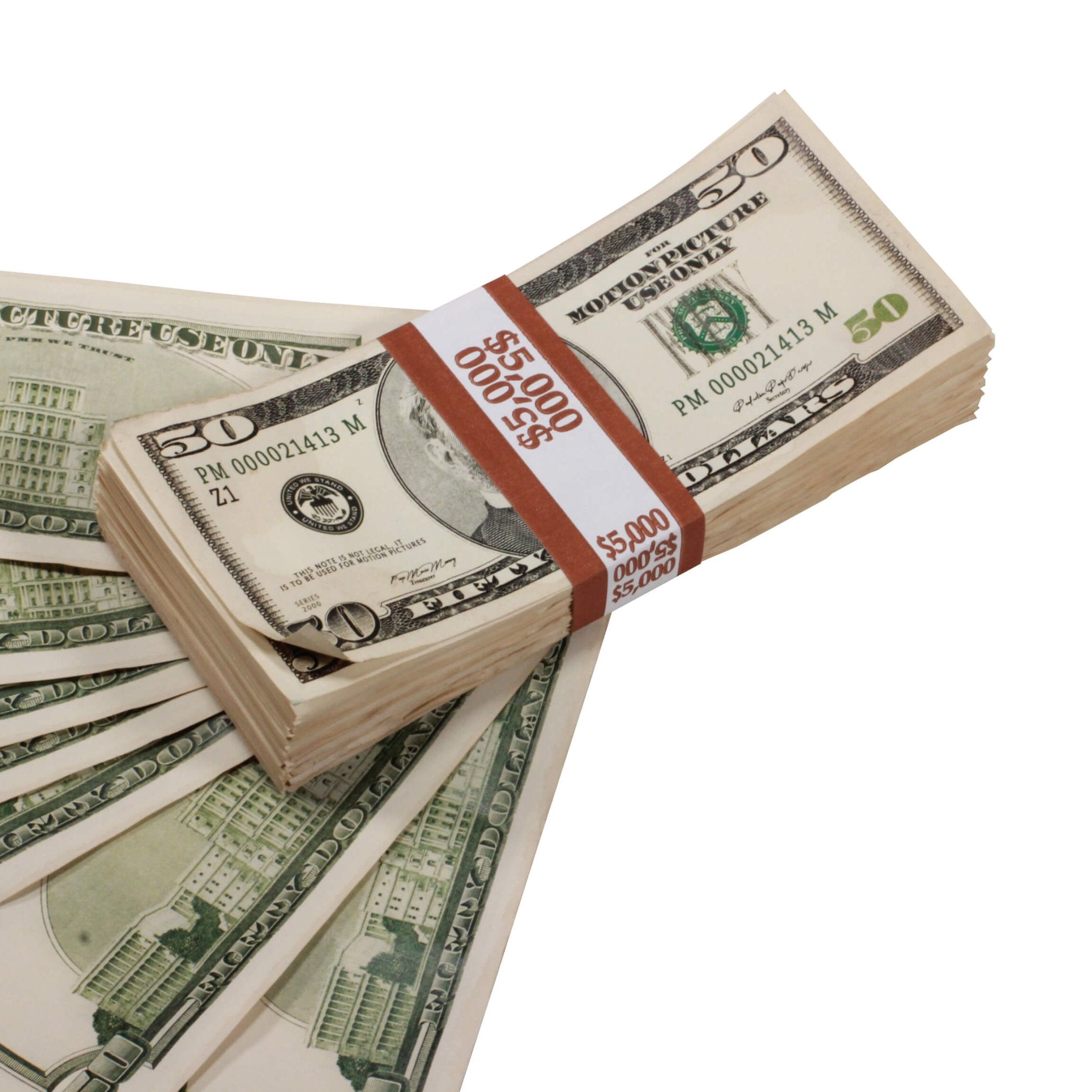 2000 Series $50 Aged $5,000 Full Print Prop Money Stack - Prop Movie Money