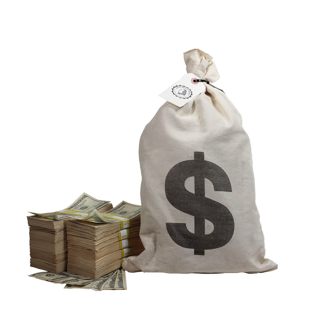 2000 Series $100,000 Aged Full Print Stacks with Money Bag - Prop Movie Money