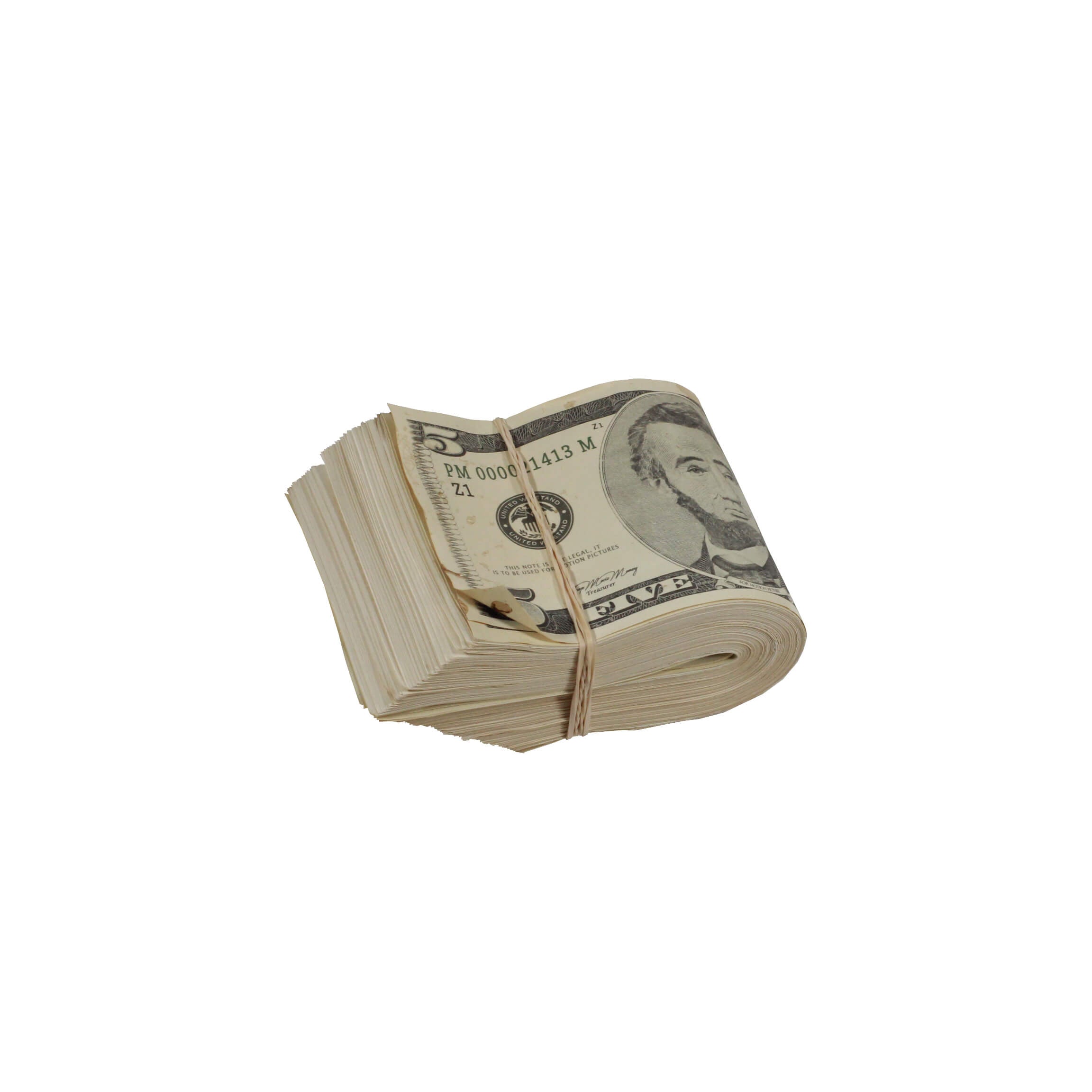 2000 Series $5s Aged $500 Blank Filler Fat Fold - Prop Movie Money
