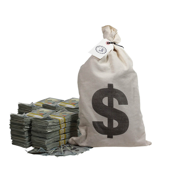 New Series $250,000 Aged Full Print Stacks with Money Bag - Prop Movie Money
