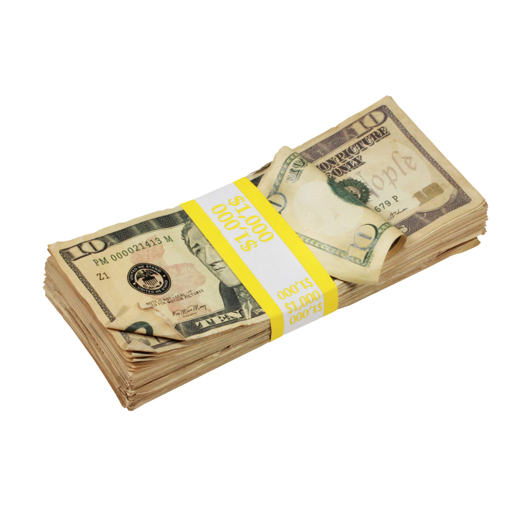 New Series $10s Aged $1,000 Full Print Prop Money Stack - Prop Movie Money