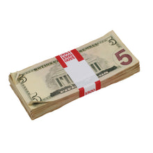 Load image into Gallery viewer, New Series $5s Aged $500 Full Print Prop Money Stack - Prop Movie Money
