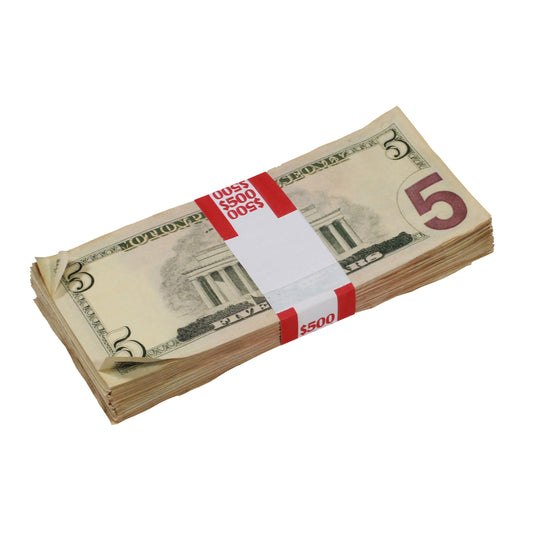 New Series $5s Aged $500 Full Print Prop Money Stack - Prop Movie Money