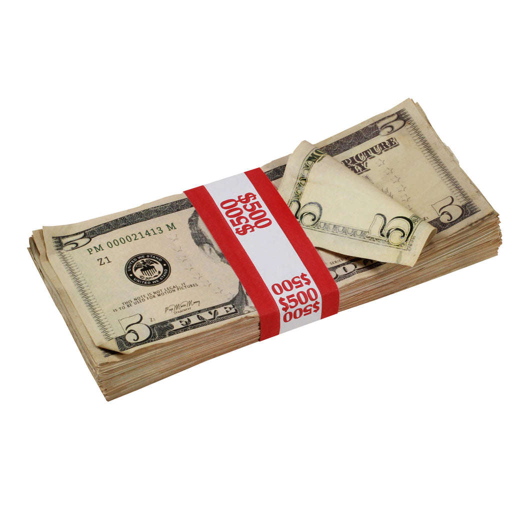 New Series $5s Aged $500 Full Print Prop Money Stack - Prop Movie Money