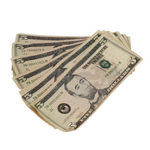Load image into Gallery viewer, New Series $5s Aged $500 Full Print Prop Money Stack - Prop Movie Money