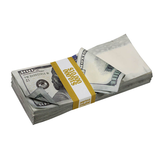 New Series $250,000 Aged Blank Filler Stacks with Money Bag - Prop Movie Money