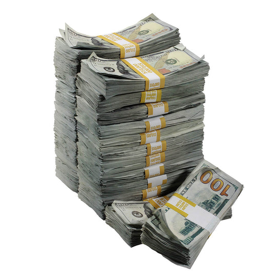 New Series $250,000 Aged Blank Filler Stacks with Money Bag - Prop Movie Money