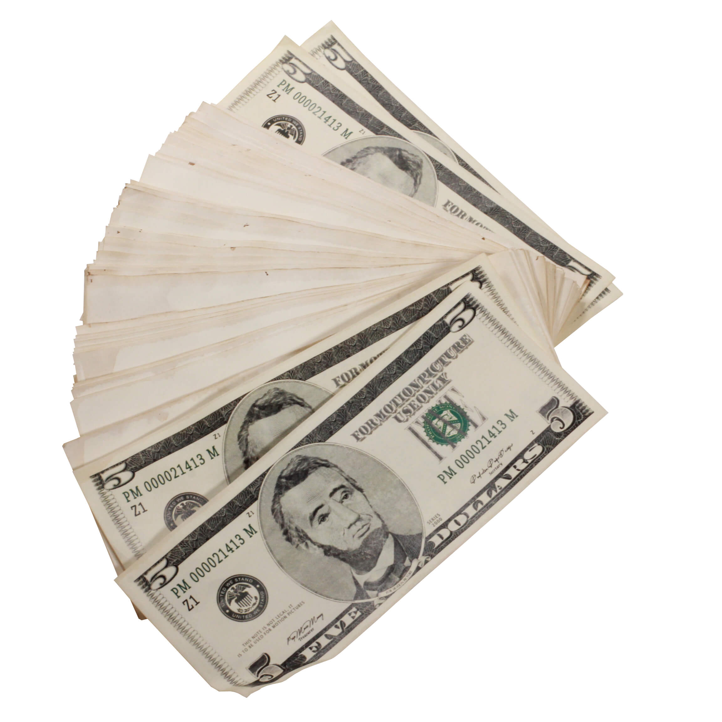 2000 Series $5s Aged $500 Blank Filler Fat Fold - Prop Movie Money
