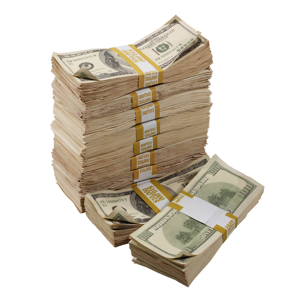 2000 Series $100,000 Aged Full Print Stacks with Money Bag - Prop Movie Money