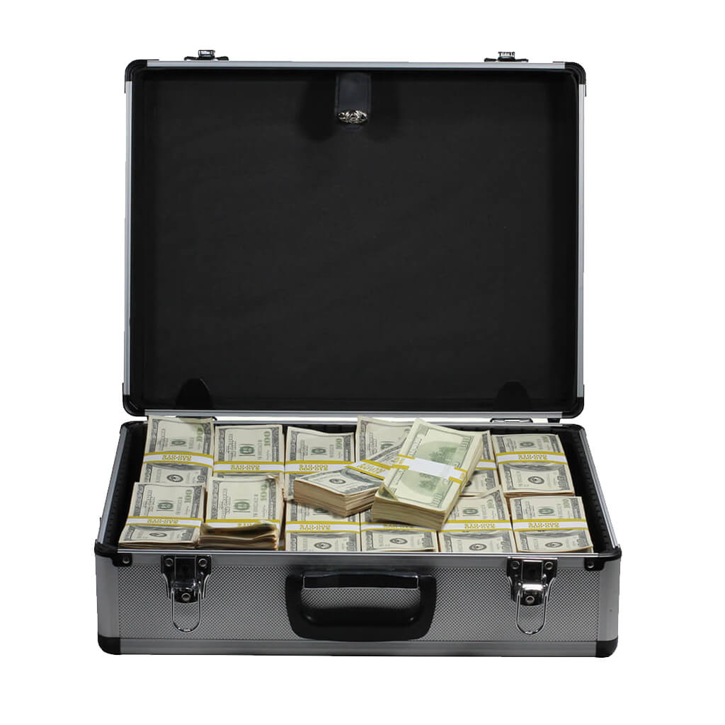 2000 Series $750,000 Aged Full Print Stacks with Silver Aluminum Case - Prop Movie Money