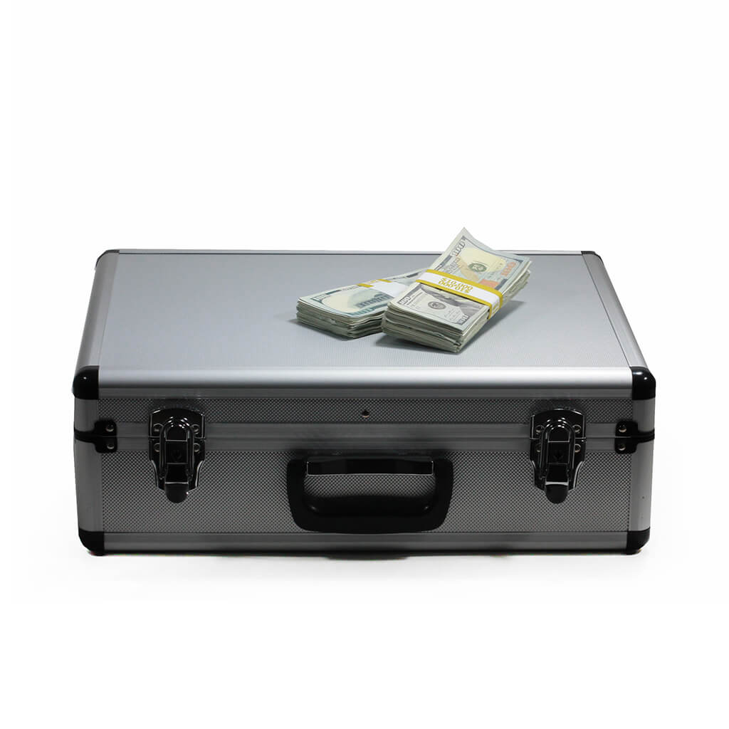 New Series $750,000 Aged Blank Filler Stacks With Silver Aluminum Case - Prop Movie Money