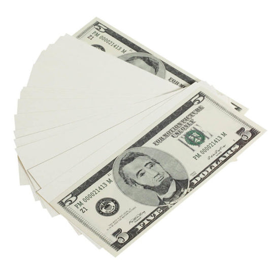 2000 Series $5s Blank Filler $500 Prop Money Stack - Prop Movie Money