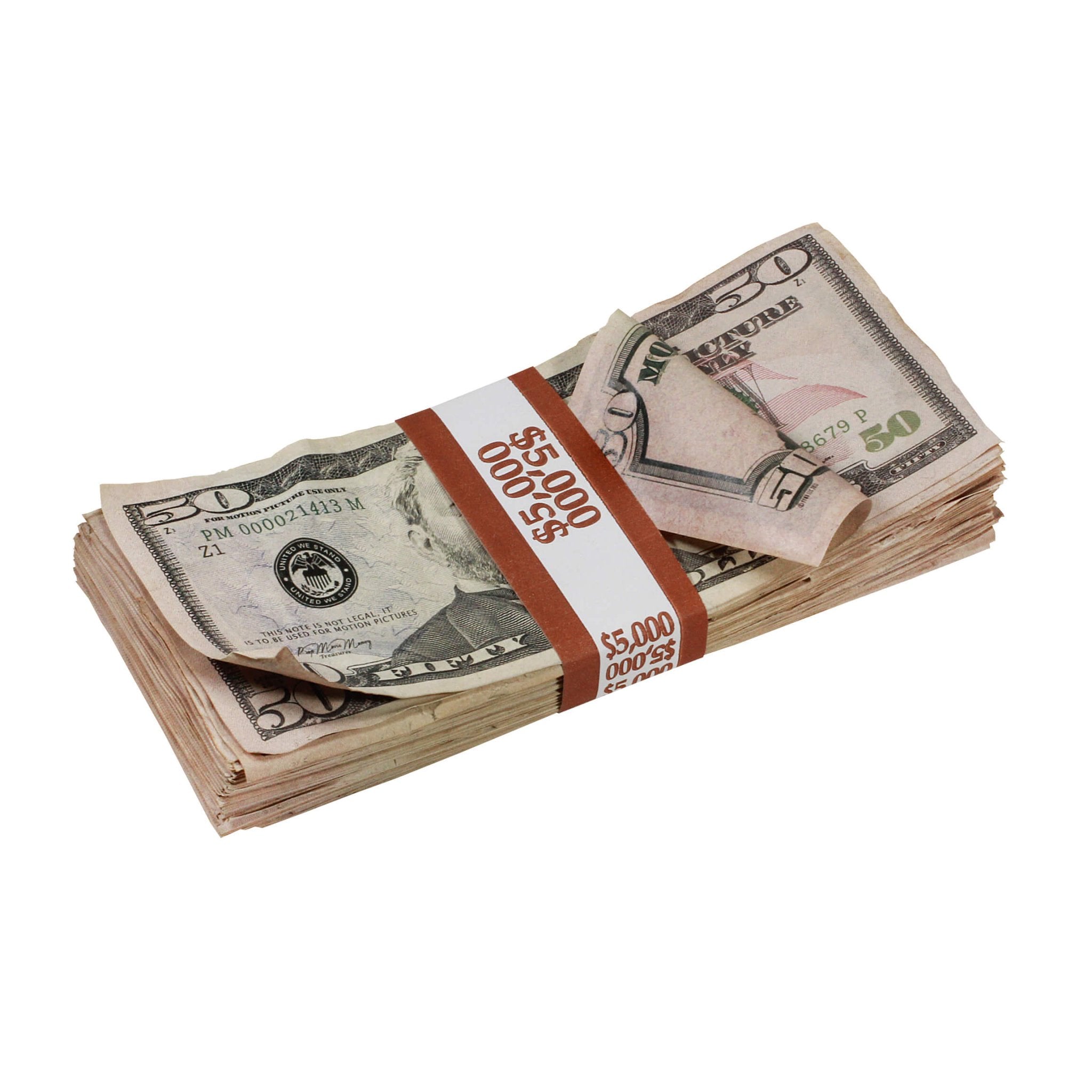 New Series $50's Aged $5,000 Full Print Prop Money Stack - Prop Movie Money