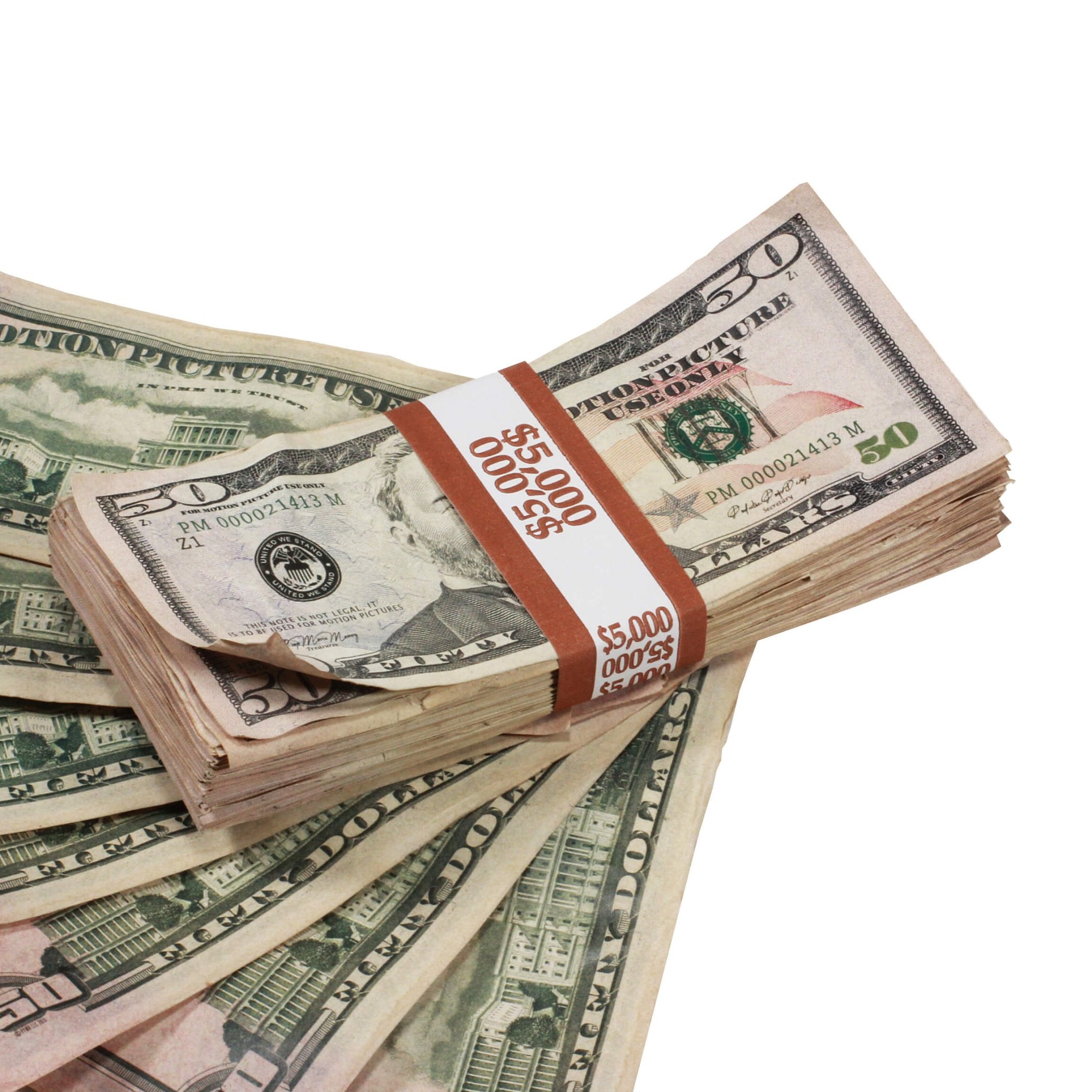 New Series $50's Aged $5,000 Full Print Prop Money Stack - Prop Movie Money