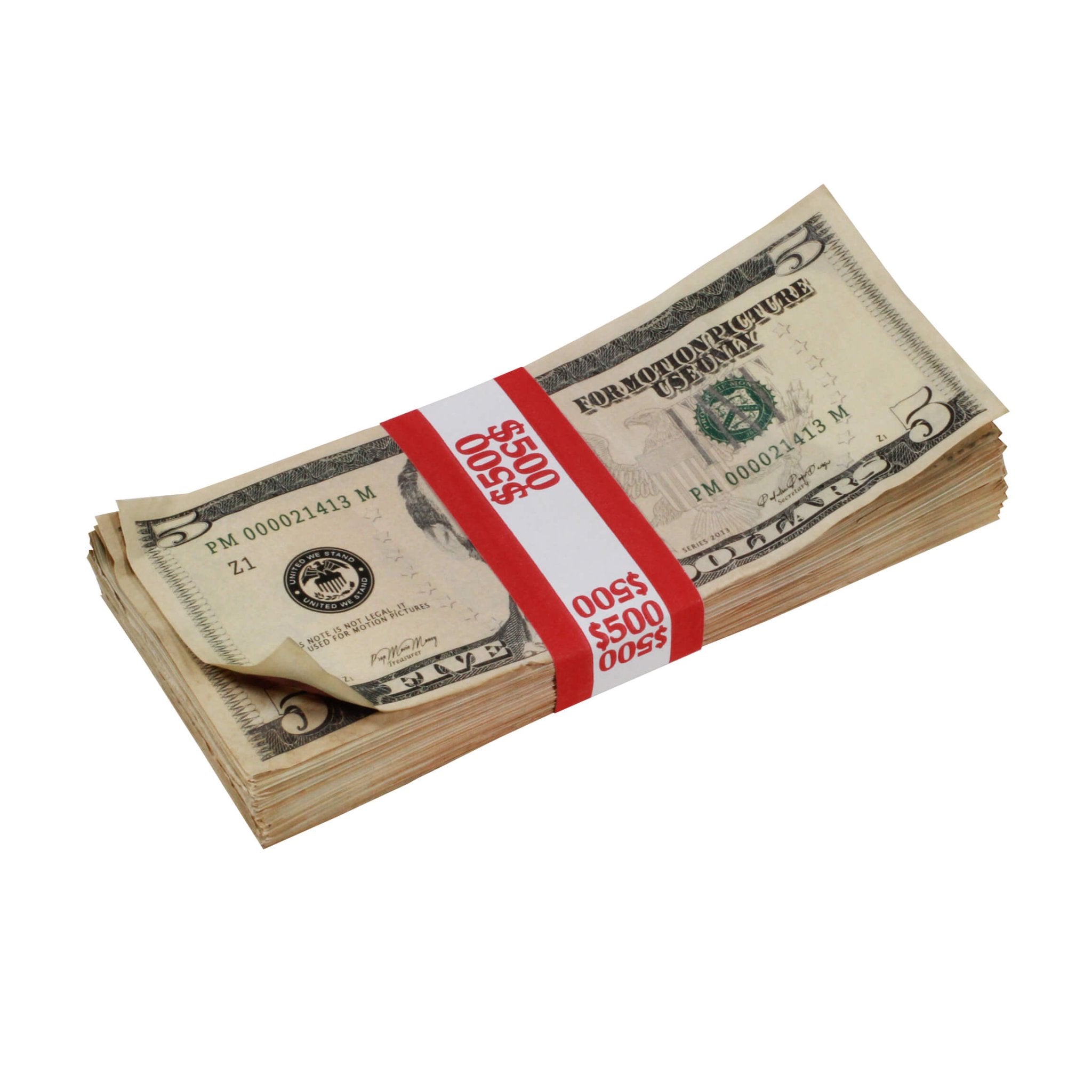 New Series $5s Aged $500 Full Print Prop Money Stack - Prop Movie Money
