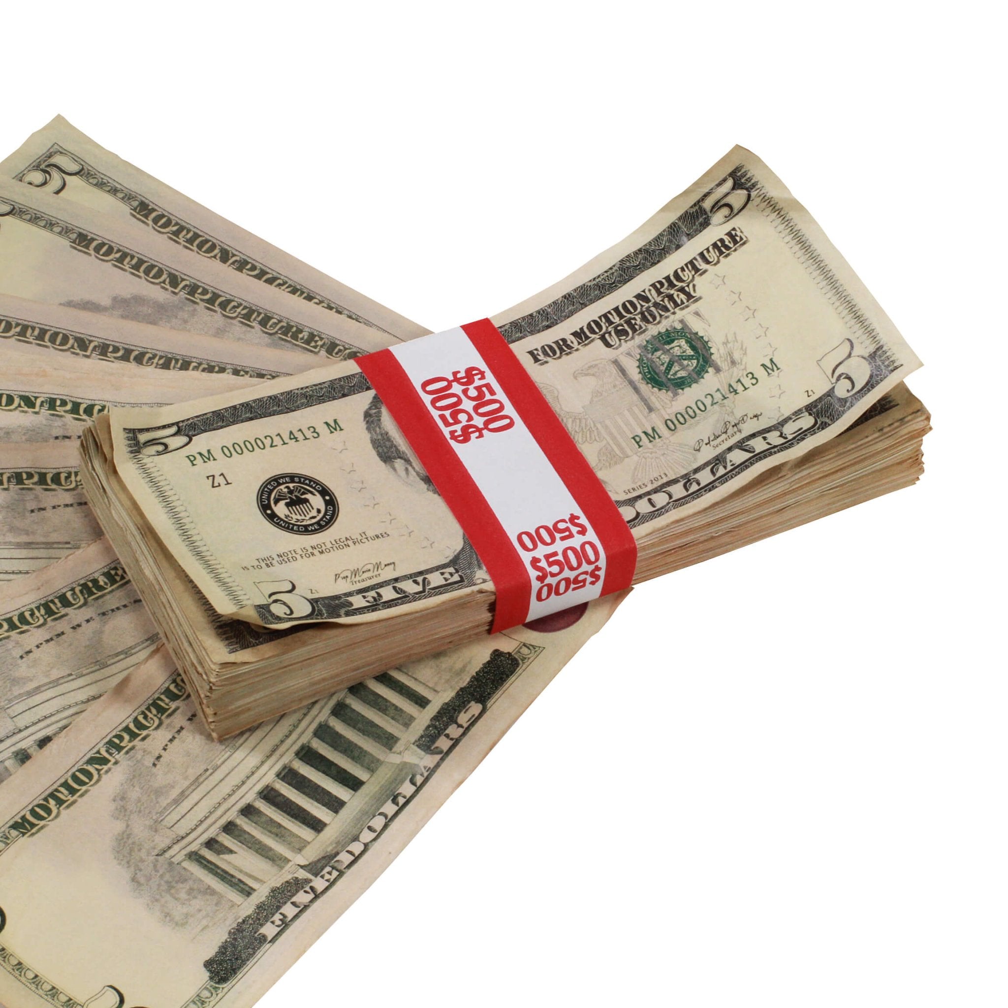 New Series $5s Aged $500 Full Print Prop Money Stack - Prop Movie Money