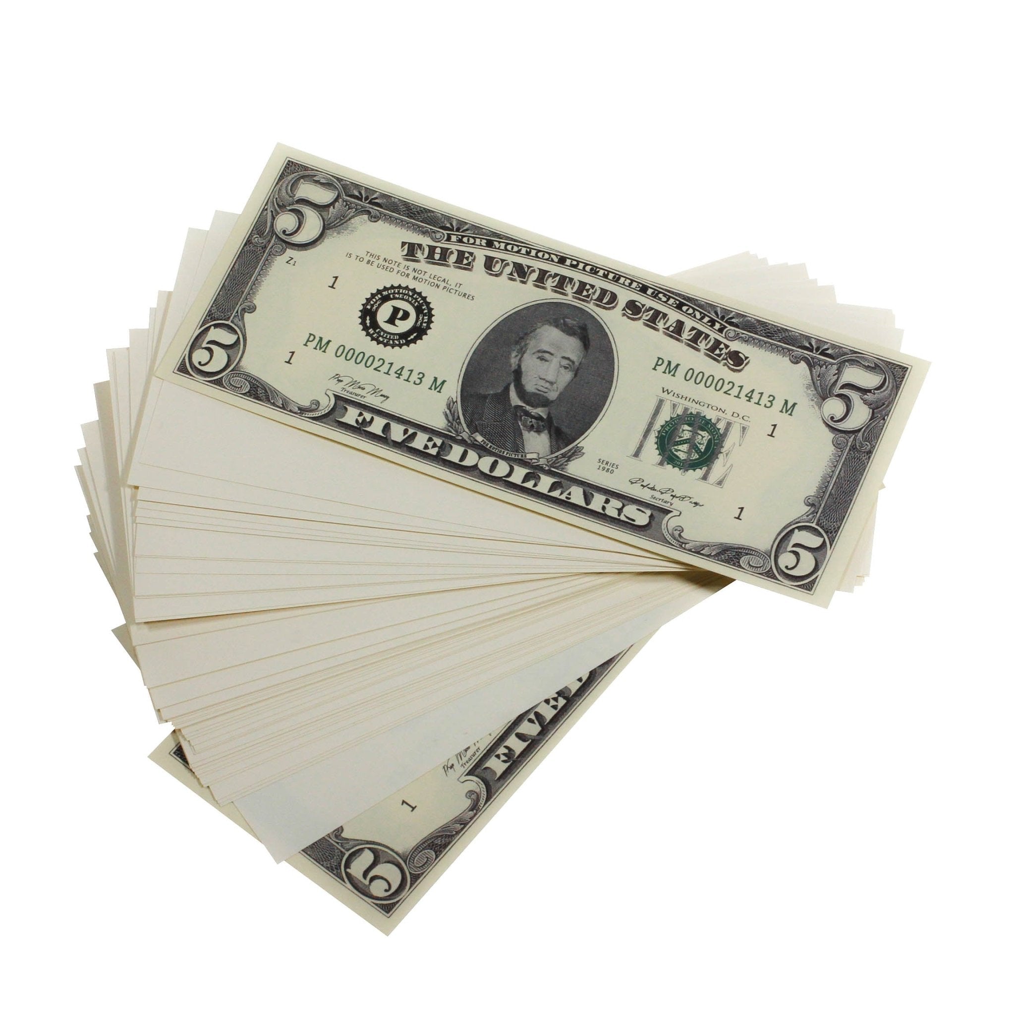 Series 1980s $5s Blank Filler $500 Prop Money Stack - Prop Movie Money